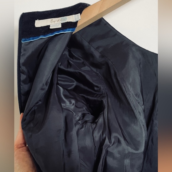 BODEN // navy blue velour velvet fit & flare  mini dress shirt sleeve polka dot - Picture 8 of 12
